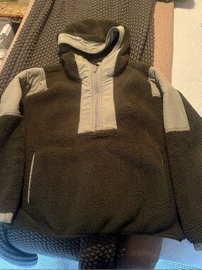 Free People Movement Olive Green Hooded Sherpa Quarter Zip Jacket